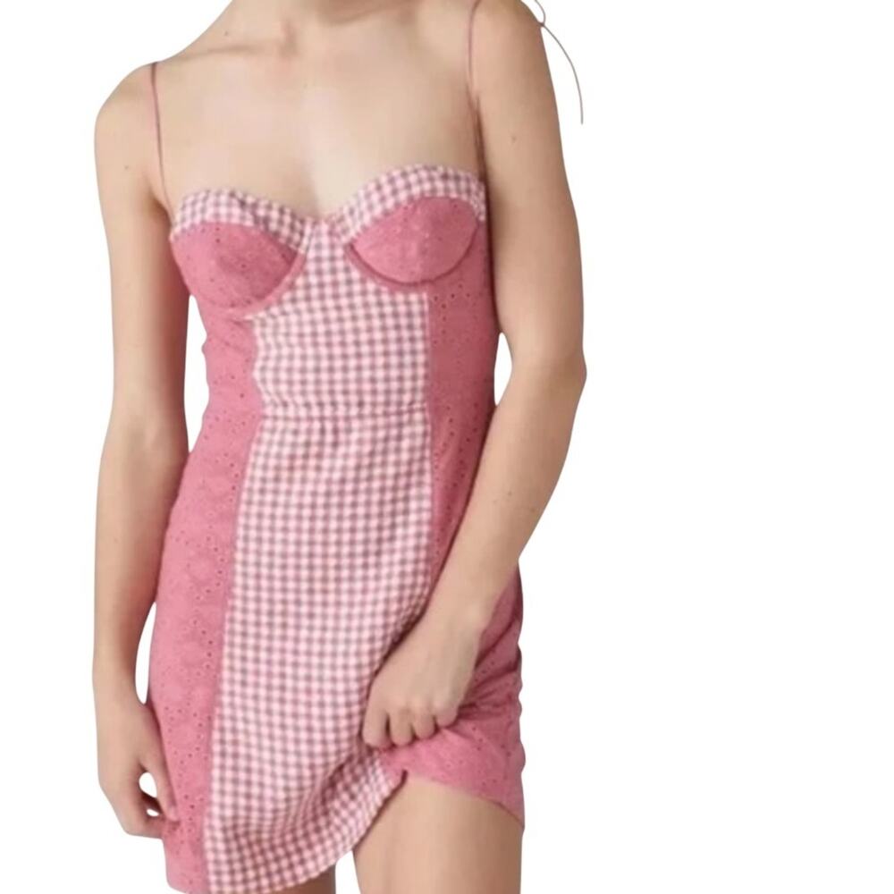 Urban Outfitters Dress Womens Small Pink Gingham Eyelet Bustier Mini Sundress